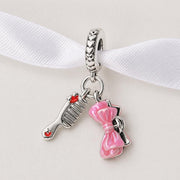 Pink Bow Comb Bead Fits Pandora Charm Bracelet, Silver Hairdresser Beauty Stylist Jewelry Gift