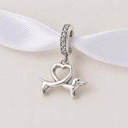 Dachshund Dog Bead Fits Pandora Charm Bracelet, Silver Heart Wiener Puppy Animal Lover Gift