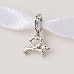 Dachshund Dog Bead Fits Pandora Charm Bracelet, Silver Heart Wiener Puppy Animal Lover Gift
