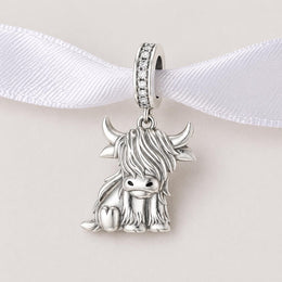 Scotland Dangle Fits Pandora Charm Bracelet, Silver Highland Cow, Hielan Coo Farm Animal Gift