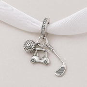 Golf Cart Club Bead Fits Pandora Charm Bracelet, Silver Sporty Dangle, Golfer Retirement Gift