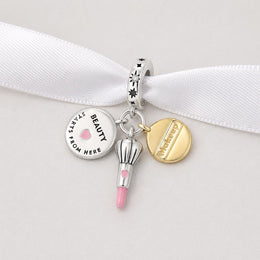 Makeup Bead Fits Pandora Charm Bracelet, Silver Dangle, Gold Beauty Brush Lipstick Artist Gift