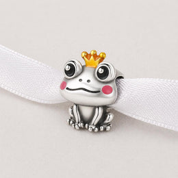 Frog Prince Bead Fits Pandora Charm Bracelet, Silver Golden Crown Pink Enamel Fairytale Gift