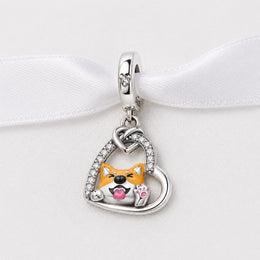 Shiba Inu Bead Fits Pandora Charm Bracelet, Silver Corgi Dog Dangle, Pet Lover Jewelry