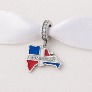 Dominican Republic Bead Fits Pandora Charm Bracelet, Silver Map Flag Dangle Caribbean Travel Gift