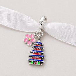 Japan Bead Fits Pandora Charm Bracelet, Silver Japanese Pagoda, Sakura Flower Dangle, Travel Gift