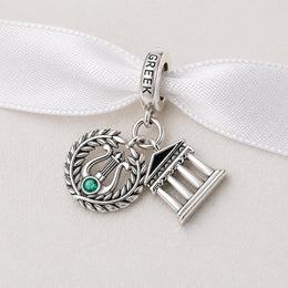 Greece Bead Fits Pandora Charm Bracelet, Silver Temple Lyre Jewelry, Greek Parthenon Travel Gift