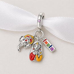 India Bead Fits Pandora Charm Bracelet, Ganesha Namaste Woman, Silver Cultural Travel Souvenir Jewelry