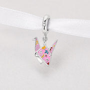 Japan Dangle Fits Pandora Charm Bracelet, Pink Origami Crane Paper Bird, Silver Peace Symbol
