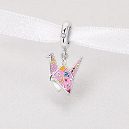 Japan Dangle Fits Pandora Charm Bracelet, Pink Origami Crane Paper Bird, Silver Peace Symbol