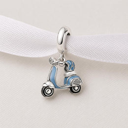 Italy Bead Fits Pandora Charm Bracelet, Blue Vintage Scooter & Helmet, Silver Travel Gift