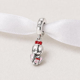 Japanese Doll Bead Fits Pandora Charm Bracelet, Silver Kimono Girl Sakura Flower Travel Gift