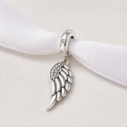 Angel Wing Dangle Fits Pandora Charm Bracelet, Silver Sparkling Feather Memorial Gift