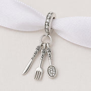 Chef Dangle Fits Pandora Charm Bracelet, Cutlery Bead, Fork Knife Spoon, Silver Cooking Gift