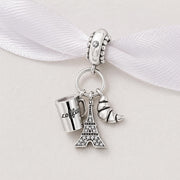 Paris Coffee Croissant Bead Fits Pandora Charm Bracelet, Silver Eiffel Tower, France Travel Gift