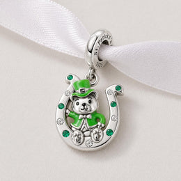 St. Patrick's Day Bear Bead Fits Pandora Charm Bracelet, Silver Lucky Horseshoe Gift