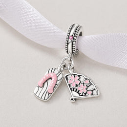 Japan Bead Fits Pandora Charm Bracelet, Sakura Fan & Geta, Silver Cherry Blossom Tokyo Gift