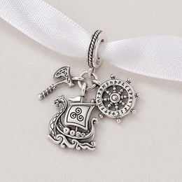 Norway Bead Fits Pandora Charm Bracelet, Viking Voyage Axe & Longship, Silver Scandi Mythology Gift