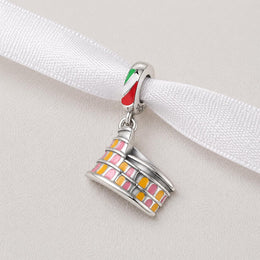 Rome Colosseum Bead Fits Pandora Charm Bracelet, Silver Italy Flag Dangle Colorful Travel Souvenir