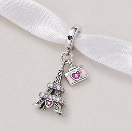 France Bead Fits Pandora Charm Bracelet, Pink Paris Eiffel Tower, Silver Love Travel Gift