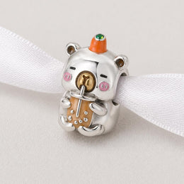 Capybara Boba Bead Fits Pandora Charm Bracelet, Silver Bubble Tea Animal Jewelry Gift