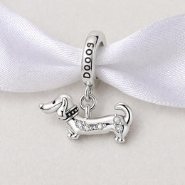 Dachshund Bead Fits Pandora Charm Bracelet, Silver Wiener Puppy Dangle Long Crystal Jewelry Gift