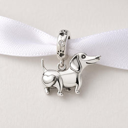 Dachshund Bead Fits Pandora Charm Bracelet, Silver Heart Wiener Puppy Dangle Animal Pet Jewelry