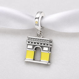 Arc Triomphe Bead Fits Pandora Charm Bracelet, Silver Paris Travel Yellow Enamel Landmark Gift