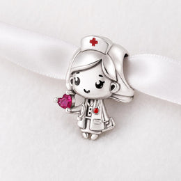 Nurse Girl Bead Fits Pandora Charm Bracelet, Silver Medical Worker Pink Heart Stethoscope Gift