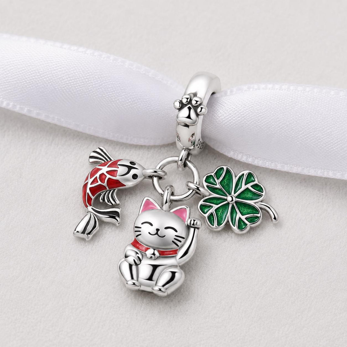 Lucky Cat Fish Clover sterling silver charm alternate view