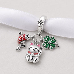 Lucky Cat Fish Clover Bead Fits Pandora Charm Bracelet, Silver Red Koi Green Leaf