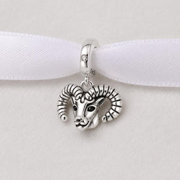 Aries Ram Head Bead Fits Pandora Charm Bracelet, Silver Zodiac Astrology Dangle Horns Gift