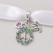 Peace Dove Heart Bead Fits Pandora Charm Bracelet, Silver Flower Wreath Dangle Colorful Jewelry