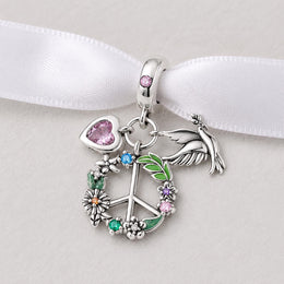 Peace Dove Heart Bead Fits Pandora Charm Bracelet, Silver Flower Wreath Dangle Colorful Jewelry