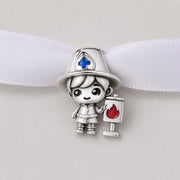 Firefighter Boy Bead Fits Pandora Charm Bracelet, Silver Fireman Hat Red Flame Jewelry Gift