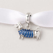 Dachshund Bead Fits Pandora Charm Bracelet, Silver Sausage Dog Blue Enamel Sweater Puppy Jewelry
