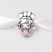 Chef Girl Bead Fits Pandora Charm Bracelet, Silver Cook Hat Pink Apron Spoon Gift