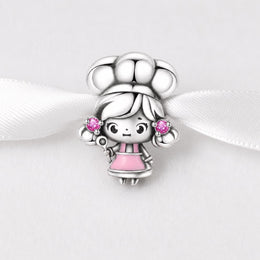 Chef Girl Bead Fits Pandora Charm Bracelet, Silver Cook Hat Pink Apron Spoon Gift