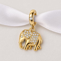 Elephant Bead Fits Pandora Charm Bracelet, Gold Animal Dangle Heart Sparkling Crystal Luck Gift