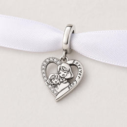 Mother Daughter Bead Fits Pandora Charm Bracelet, Mom & Child Love Heart, Silver Family Gift