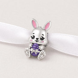 Bunny Easter Egg Bead Fits Pandora Charm Bracelet, Silver Rabbit Gift, Spring Jewelry