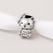 Graduation Cat Bead Fits Pandora Charm Bracelet, Silver Animal Scholar Student Diploma Achievement Gift
