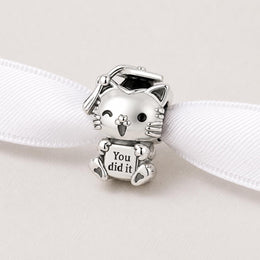 Graduation Cat Bead Fits Pandora Charm Bracelet, Silver Animal Scholar Student Diploma Achievement Gift