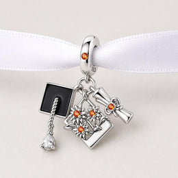 Graduation Triple Dangle Fits Pandora Charm Bracelet, Silver Mortarboard Diploma Flower Orange Crystal Jewelry