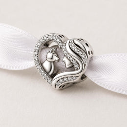 Cat Mom Bead Fits Pandora Charm Bracelet, Girl & Kitten Heart, Silver Pet Lover Gift