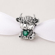 Highland Cow Bead Fits Pandora Charm Bracelet, Green Heart, Scottish Hielan Coo Pet Gift