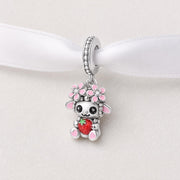 Strawberry Sheep Bead Fits Pandora Charm Bracelet, Silver Lamb Pink Flower Enamel Animal Gift