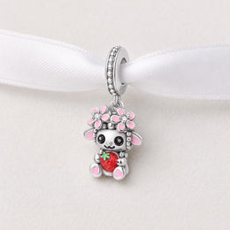 Strawberry Sheep Bead Fits Pandora Charm Bracelet, Silver Lamb Pink Flower Enamel Animal Gift