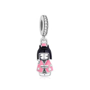 Kokeshi Doll Bead Fits Pandora Charm Bracelet, Silver Japanese Kimono Girl Pink Enamel Jewelry