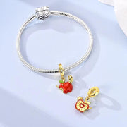 Caterpillar Apple Bead Fits Pandora Charm Bracelet, Gold Red Enamel Fruit Nature Teacher Gift